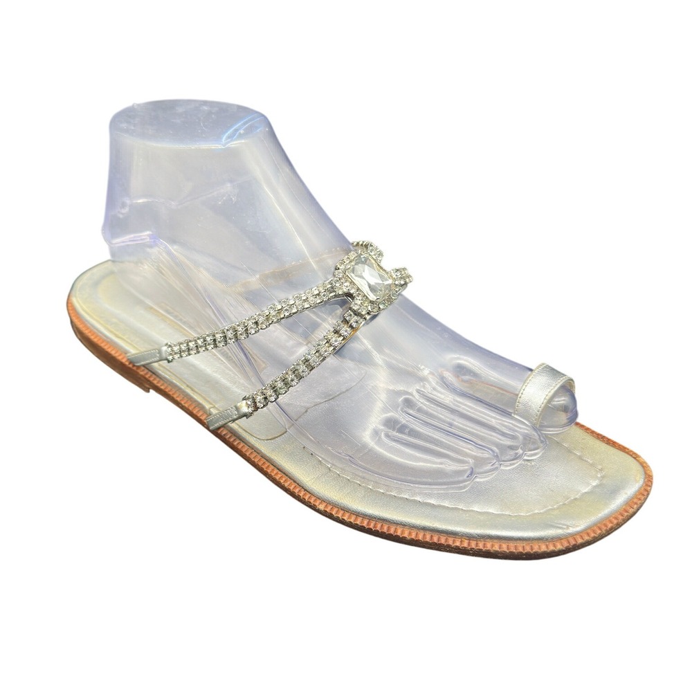Manolo Blahnik Silver Metallic Rhinestone Flat Strappy Sandals Womens Sz 40 KC